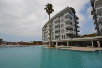 Alanya'daki dairenin aydınlık, açık planlı yaşam alanı, modern bir mutfak adası, balkon erişimi ve şık, minimalist bir tasarıma sahiptir.