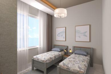 Alanya eign með svefnherbergi með tveimur rúmum, mjúku náttúrulegu ljósi, fiskverkum og róandi, hlutlausum litapallettu.