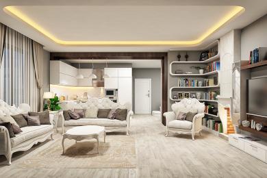 Alanya'da beyaz işlemeli kanepeler, modern bir mutfak ve sıcak aydınlatmalı şık gömme raflara sahip oturma odası.