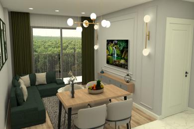 Proprietate în Alanya, living cu o canapea verde, masă din lemn și iluminat modern, creând o atmosferă confortabilă.