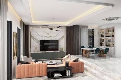 Alanya əmlakının mərmər döşəmələri, diqqət çəkən divarı və lüks atmosfer üçün müasir işıqlandırması olan qonaq otağı.