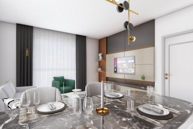 Proprietate în Alanya, living cu masă de dining din marmură, iluminat modern și scaune confortabile, creând o atmosferă elegantă.