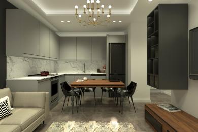 Bucătăria modernă cu plan deschis din acest apartament din Alanya are dulapuri elegante gri, un backsplash de marmură, o masă de sufragerie din lemn și iluminat elegant.