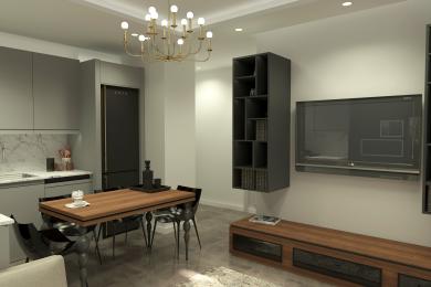 Proprietate în Alanya: Living modern cu dulapuri elegante gri, masă din lemn și candelabru luminos creând o atmosferă stilată.