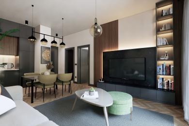 The living area of this Alanya property features modern lighting, a dining space, and a sleek TV wall with built-in shelving.