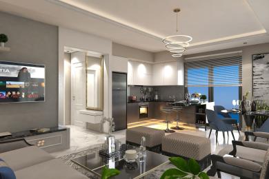 Alanya eiendom med en moderne åpen stue med et elegant kjøkken, marmorgulv og en lys og innbydende atmosfære.