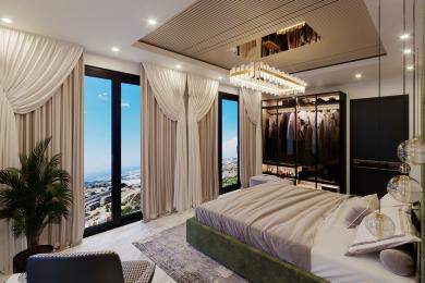 Alanya ejendom soveværelse med et walk-in closet, store vinduer med udsigt over byen og elegant, neutralt farvet indretning.