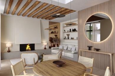 Alanya property living room featuring a fireplace, wooden beams, modern lighting, and neutral, relaxing tones.
