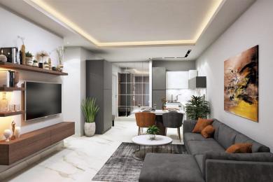Alanya property living room featuring modern decor, marble floors, recessed lighting, and open-plan kitchen.