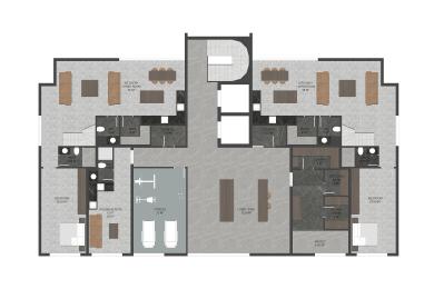 Planul etajului proprietății din Alanya prezintă două apartamente cu zone de bucătărie-living, dormitoare, sală de fitness și
