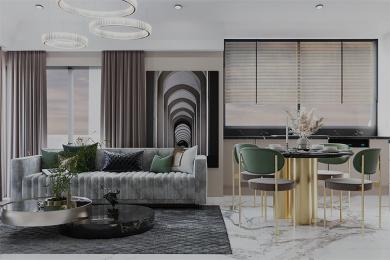 Alanya property living room featuring a plush grey sofa, marble floors, and modern gold accents.