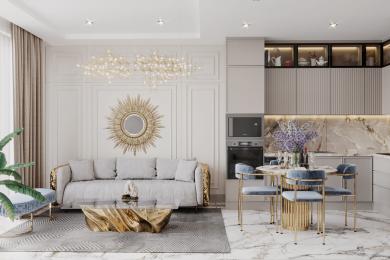 Alanya property featuring an elegant living room with a modern kitchen, marble floors, and a sunburst mirror.