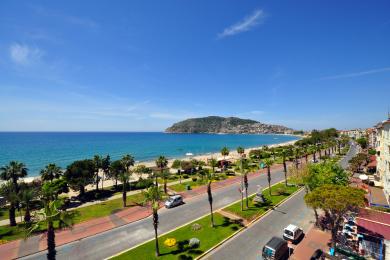 Alanya eiendom balkongutsikt som viser stranden, palmer og klar blå himmel på en solrik dag.